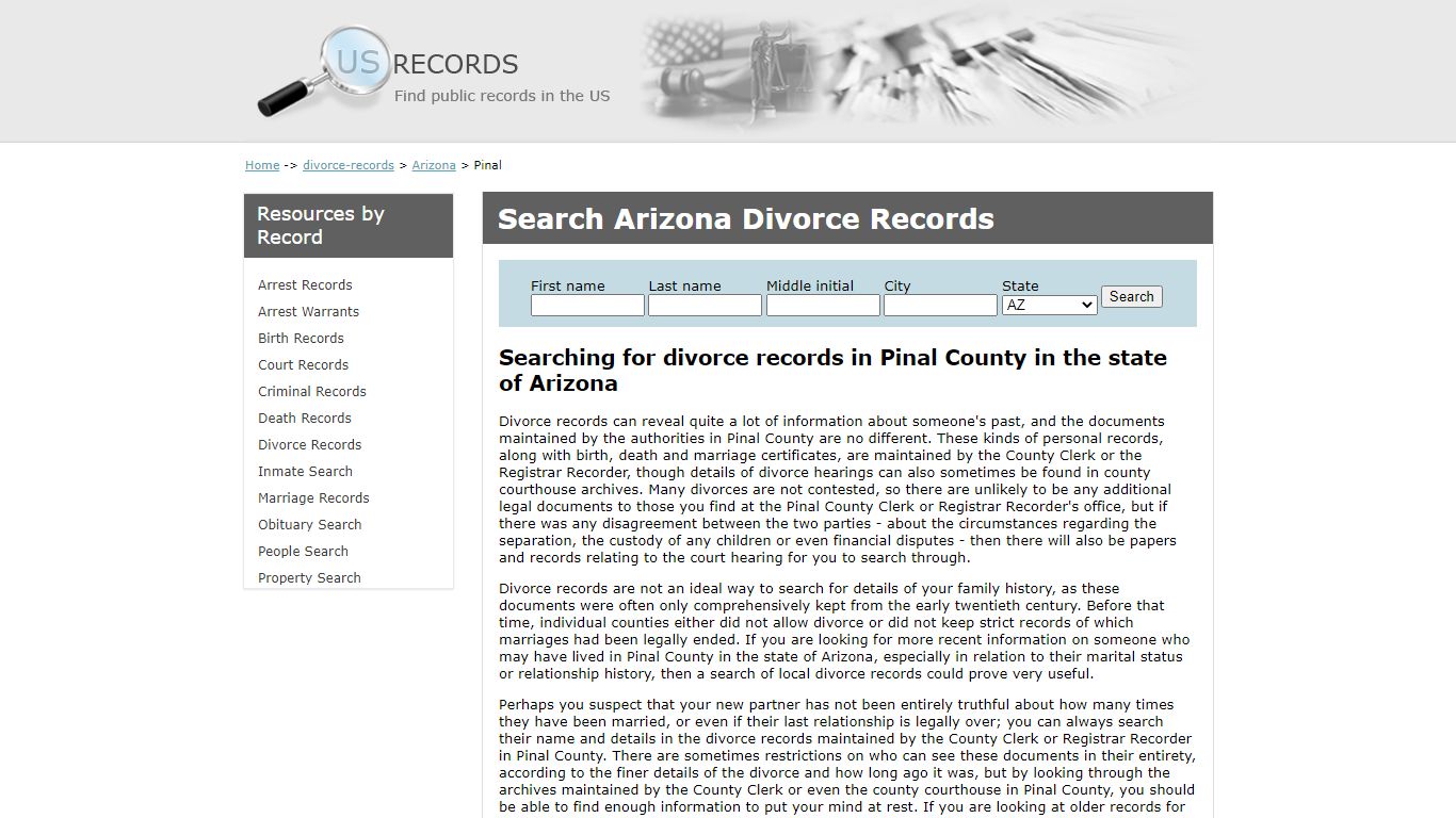 Search Divorce Records Pinal Arizona | US Records